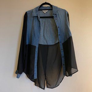 Denim & chiffon long sleeve collared button up, M